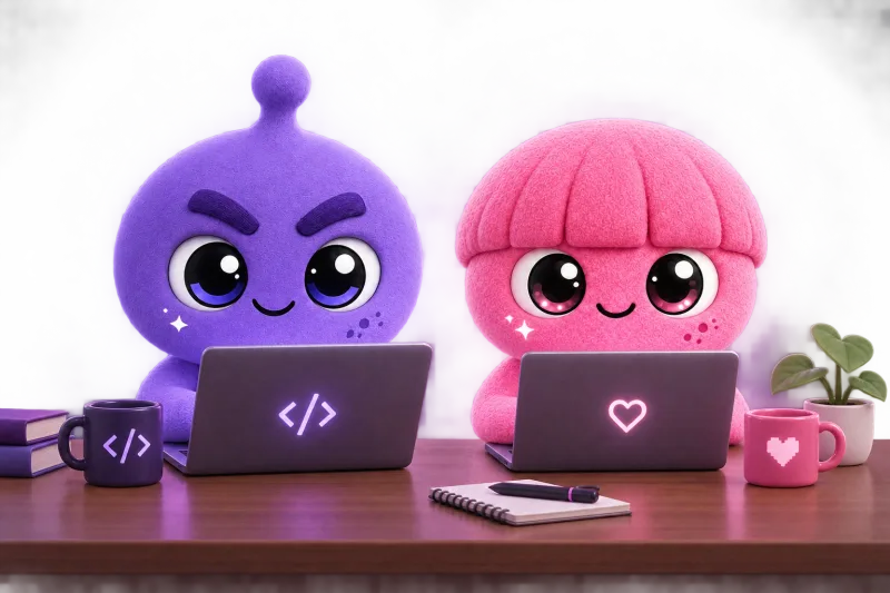Two Waalaxy mascots coding side by side at a desk